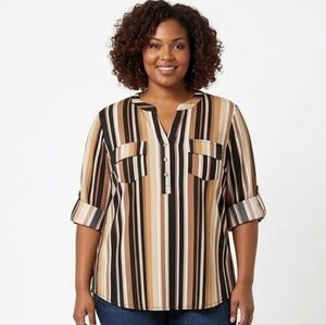 NWT Cocomo Striped Roll-Tab Sleeve Henley Top